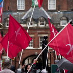 Protesting with flags of Trieste in front of the Italian embassy in the United Kingdom – London, 6 october 2014