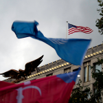 Flags of Trieste and of the United Nations in front of the embassy of the United States – London, 6 october 2014