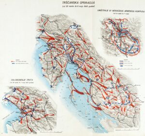 Carta militare jugoslava dell'operazione di Trieste del 1945, con l'avanzata della IV Armata e l'accerchiamento del 97° Corpo tedesco.